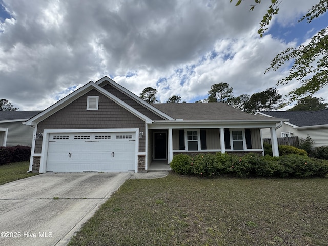 ranch-style home with a front lawn, covered porch, stone siding, an attached garage, and driveway
