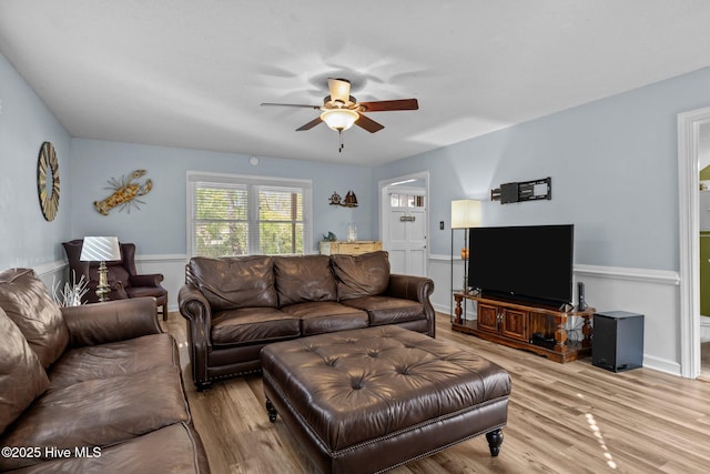 307 Little Rossie Rd, New Bern, NC 28560 - living room with a ceiling fan, wood finished floors, and baseboards