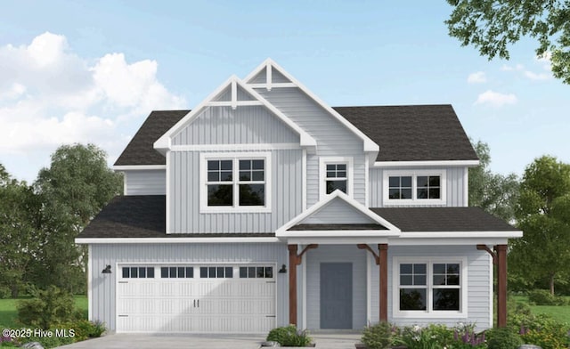 512 Grassy Gap Trl Unit 69, Aberdeen, NC 28315 - view of front facade with an attached garage, driveway, board and batten siding, and roof with shingles