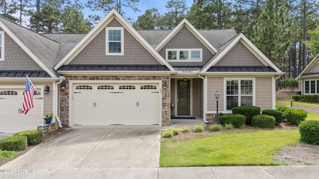 80 Whistling Straight Rd, Pinehurst, NC 28374 - view of front of property with a standing seam roof, driveway, a front lawn, and stone siding