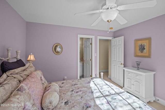 bedroom with baseboards, ceiling fan, and light carpet