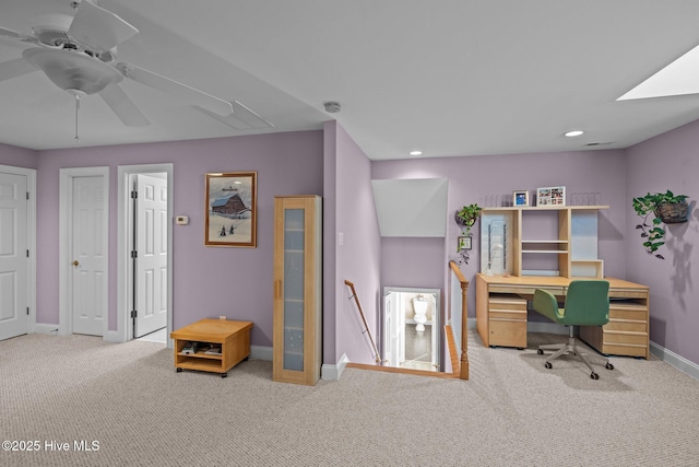 office space with baseboards, recessed lighting, carpet, and ceiling fan