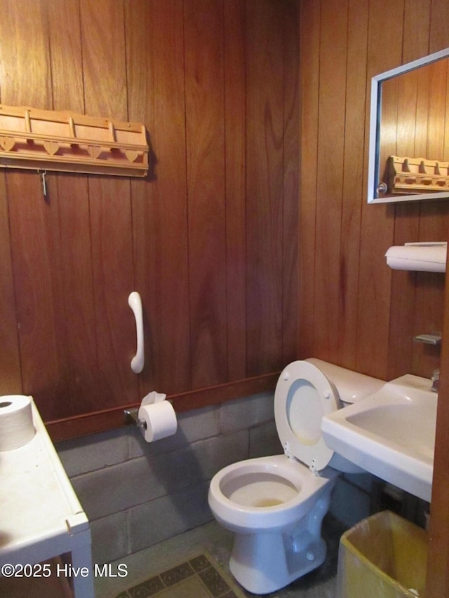 bathroom featuring toilet and wooden walls