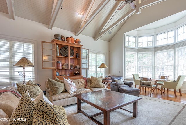 living room featuring high vaulted ceiling, a ceiling fan, beam ceiling, and a wealth of natural light