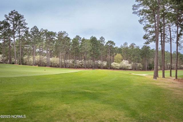 view of community featuring a yard and view of golf course