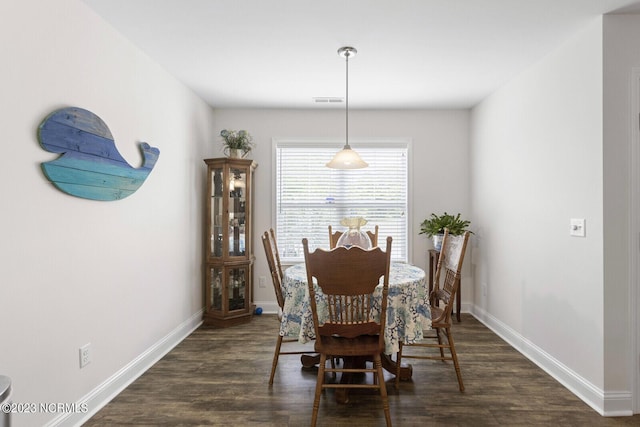 dining room with dark wood-type flooring, baseboards, and visible vents