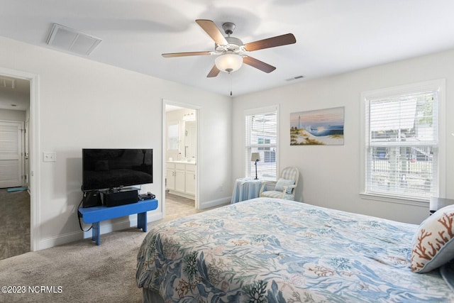 bedroom featuring baseboards, attic access, visible vents, and carpet floors