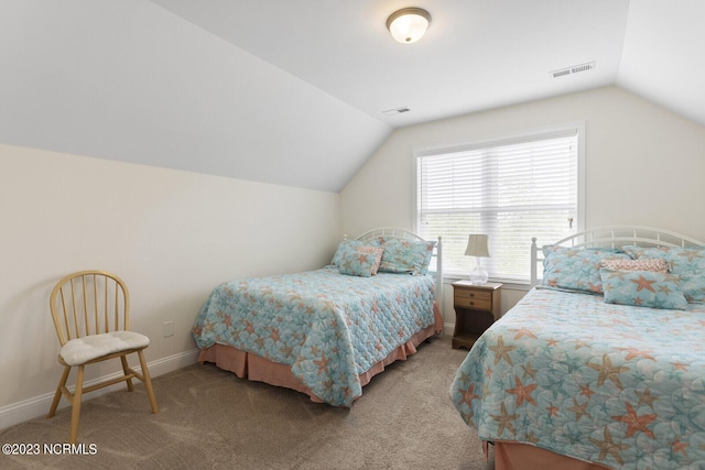 bedroom featuring baseboards, light carpet, visible vents, and vaulted ceiling