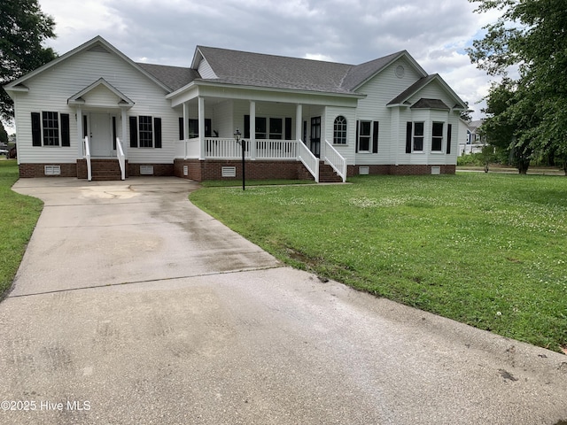 view of front of property with crawl space, a porch, concrete driveway, a shingled roof, and a front lawn