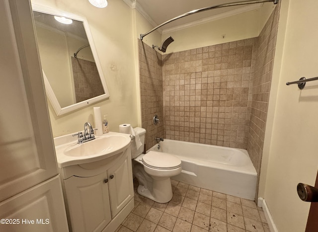 full bathroom featuring crown molding,  shower combination, toilet, and vanity