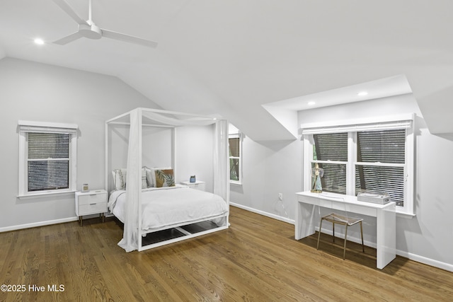 6412 Westport Dr, Wilmington, NC 28409 - bedroom with a ceiling fan, wood finished floors, baseboards, lofted ceiling, and recessed lighting