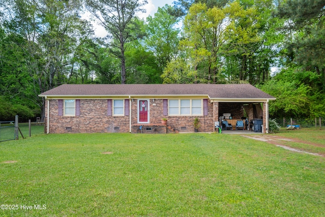 ranch-style house featuring a shingled roof, crawl space, fence, a front lawn, and an attached carport