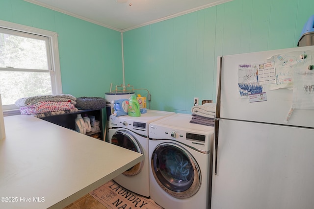 laundry area with laundry area, washing machine and clothes dryer, and ornamental molding