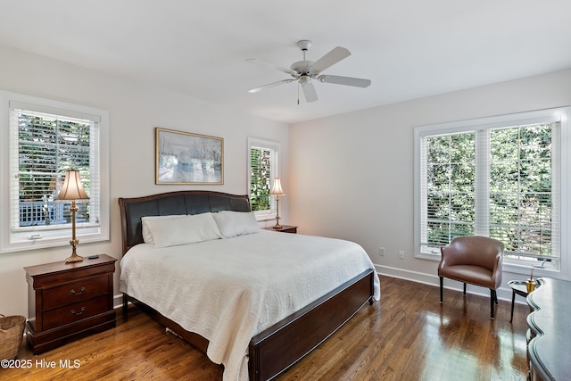 8819 Sawmill Creek Ln, Wilmington, NC 28411 - bedroom featuring dark wood-style flooring, baseboards, and ceiling fan