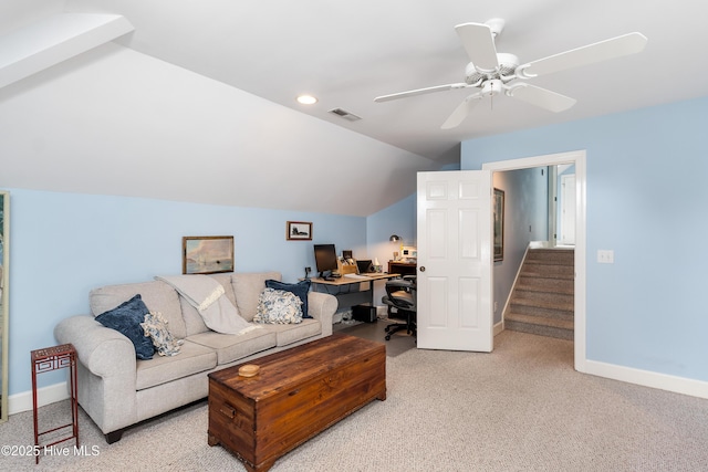 8819 Sawmill Creek Ln, Wilmington, NC 28411 - living room featuring a desk, light carpet, lofted ceiling, baseboards, and a ceiling fan