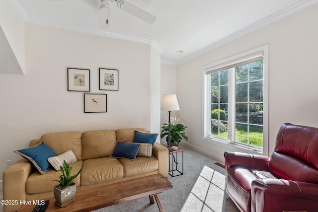 8819 Sawmill Creek Ln, Wilmington, NC 28411 - carpeted living area with ornamental molding, baseboards, and a ceiling fan