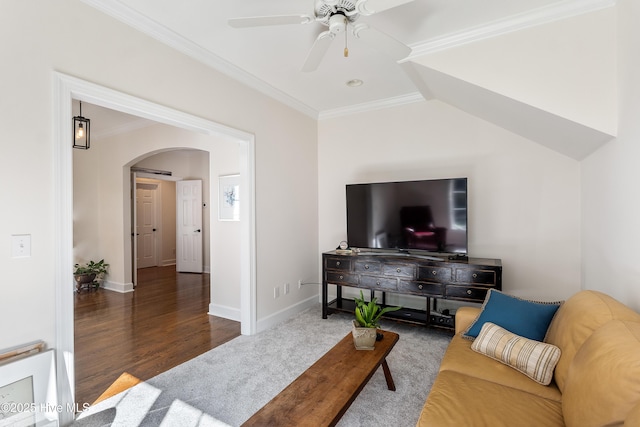8819 Sawmill Creek Ln, Wilmington, NC 28411 - living area with arched walkways, a ceiling fan, wood finished floors, ornamental molding, and baseboards