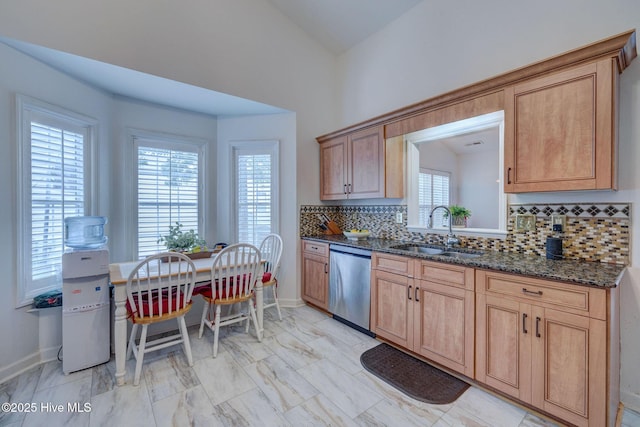 5029 Woods Edge Rd, Wilmington, NC 28409 - kitchen with dark stone counters, tasteful backsplash, stainless steel dishwasher, a sink, and marble finish floor