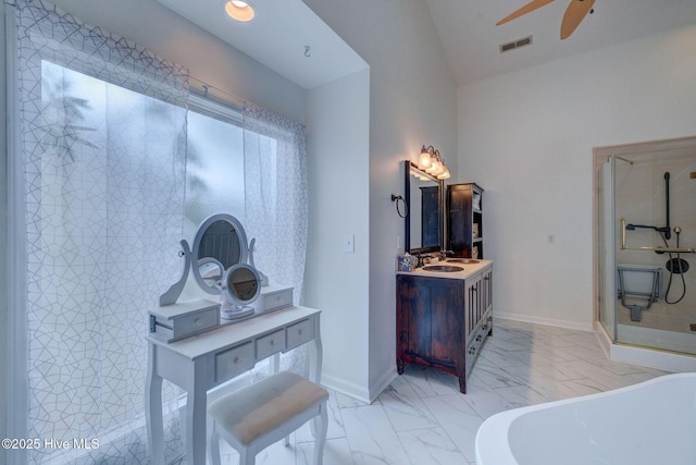 5029 Woods Edge Rd, Wilmington, NC 28409 - bathroom featuring lofted ceiling, visible vents, an enclosed shower, a ceiling fan, and marble finish floor