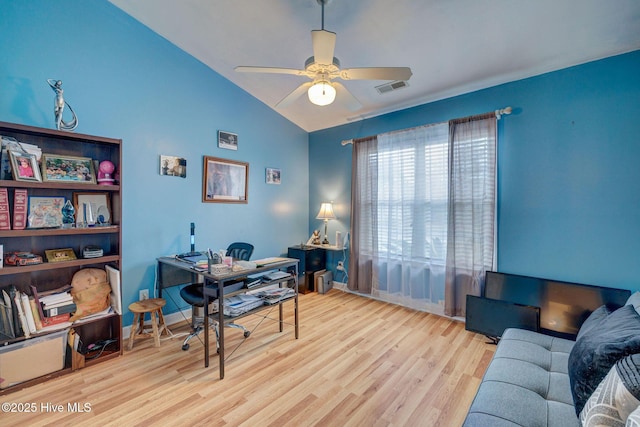 5029 Woods Edge Rd, Wilmington, NC 28409 - office space with wood finished floors, vaulted ceiling, ceiling fan, baseboards, and visible vents