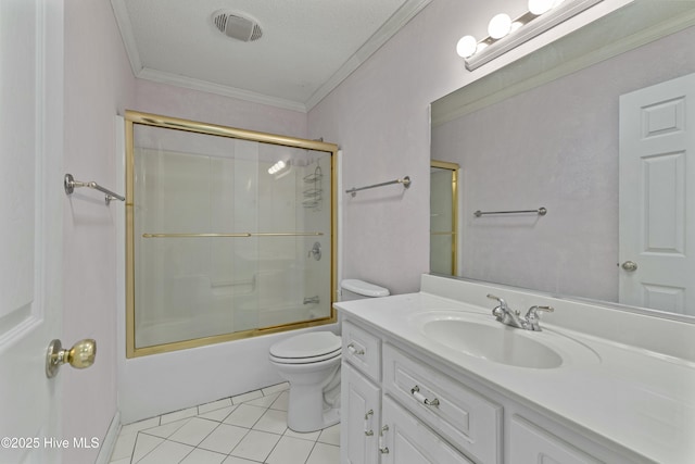 full bathroom featuring vanity, ornamental molding, visible vents, toilet, and tile patterned floors