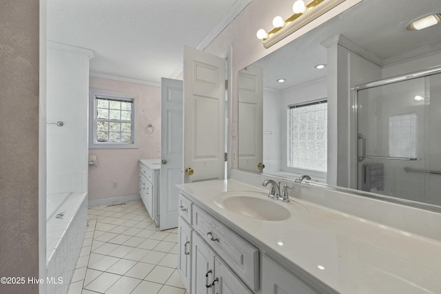 bathroom with tiled tub, crown molding, vanity, tile patterned floors, and a stall shower