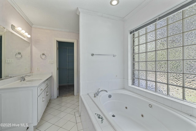 full bathroom featuring crown molding, tile patterned floors, vanity, and a healthy amount of sunlight