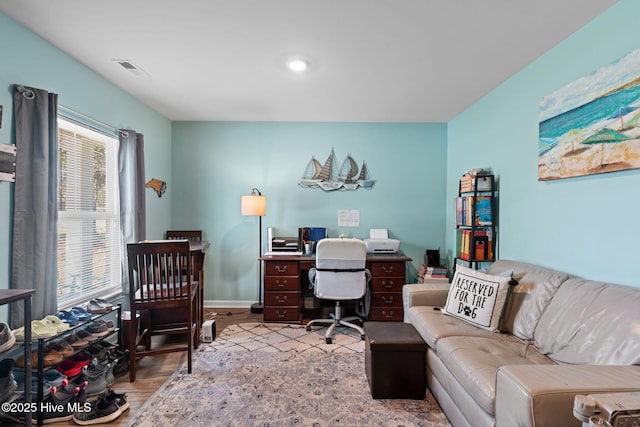 4333 Jones St SW, Shallotte, NC 28470 - office with baseboards, wood finished floors, visible vents, and recessed lighting