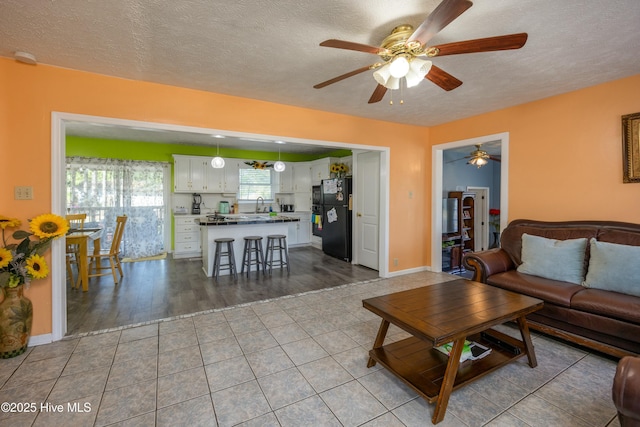 479 W 5th St, Garland, NC 28441 - living area with tile patterned floors, a ceiling fan, baseboards, and a textured ceiling