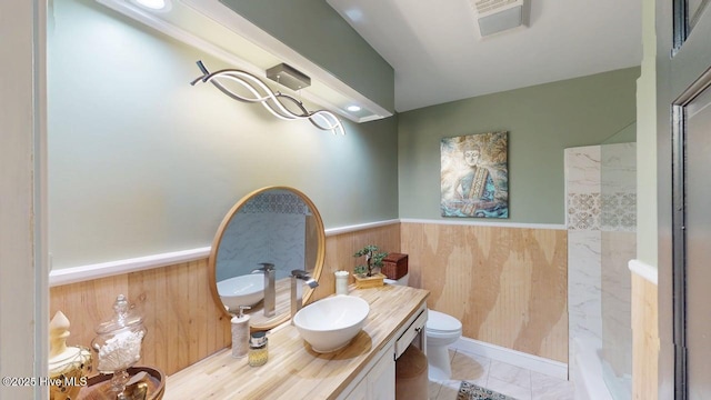 724 York St, Rocky Mount, NC 27803 - bathroom with vanity, visible vents, wainscoting, toilet, and walk in shower