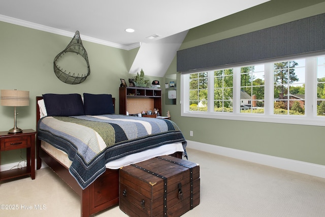 bedroom featuring recessed lighting, crown molding, baseboards, and light carpet