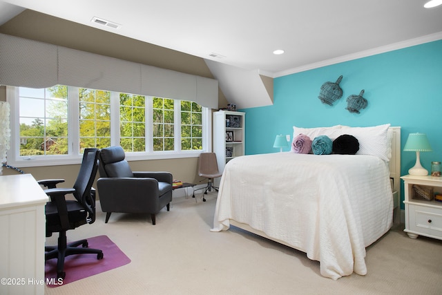 carpeted bedroom with ornamental molding, visible vents, and recessed lighting
