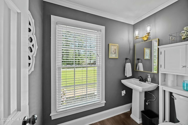 half bath featuring plenty of natural light, baseboards, ornamental molding, and wood finished floors