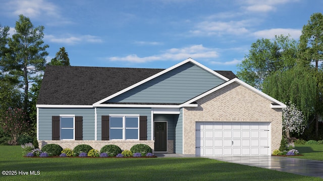 3048 Platinum Cir W, End, NC 27376 - view of front facade featuring a front yard, brick siding, a garage, and concrete driveway