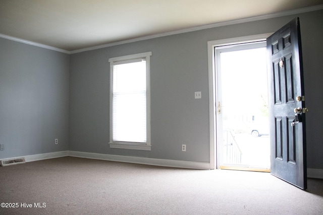 spare room with carpet, ornamental molding, visible vents, and plenty of natural light
