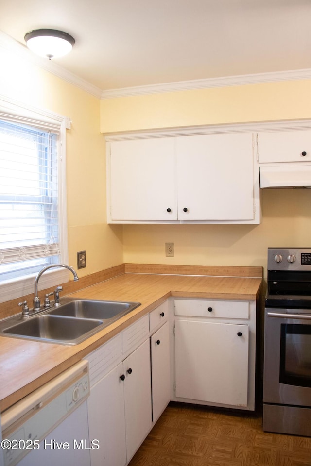 kitchen featuring dishwasher, a sink, stainless steel electric stove, under cabinet range hood, and white cabinetry