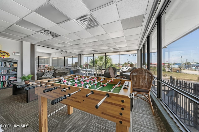 recreation room with carpet flooring