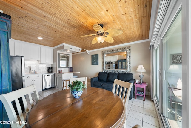 dining area with light tile patterned floors, ornamental molding, wooden ceiling, ceiling fan, and recessed lighting