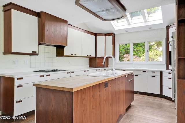 kitchen with a sink, butcher block counters, light wood-type flooring, and a skylight