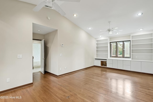 unfurnished living room with baseboards, recessed lighting, a ceiling fan, and light wood finished floors