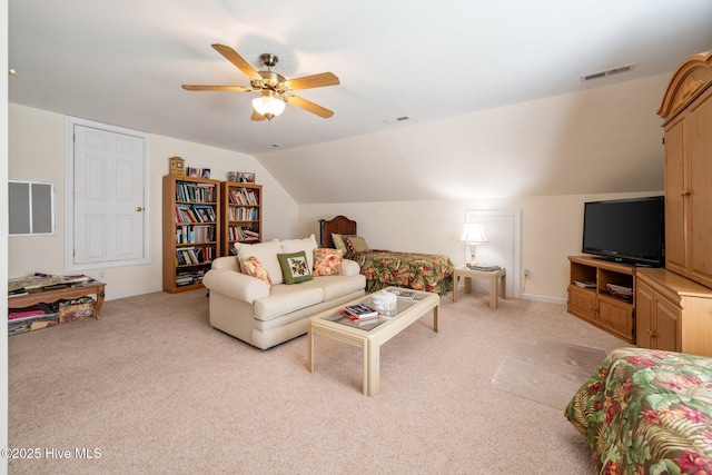 3378 Willow Cir SE, Southport, NC 28461 - living room featuring light colored carpet, ceiling fan, and lofted ceiling