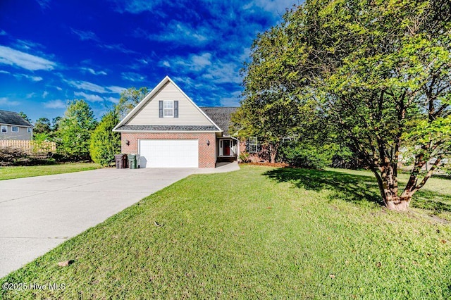 traditional home featuring concrete driveway, a front yard, and brick siding