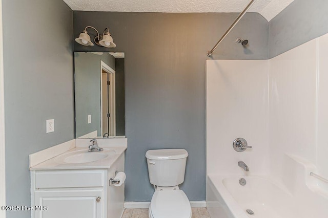 bathroom featuring washtub / shower combination, baseboards, toilet, a textured ceiling, and vanity