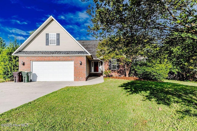 traditional-style home with a garage, roof with shingles, a front yard, brick siding, and concrete driveway