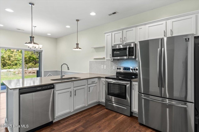 354 Trevally Ct, Southport, NC 28461 - kitchen featuring stainless steel appliances, a sink, a peninsula, open shelves, and dark wood finished floors