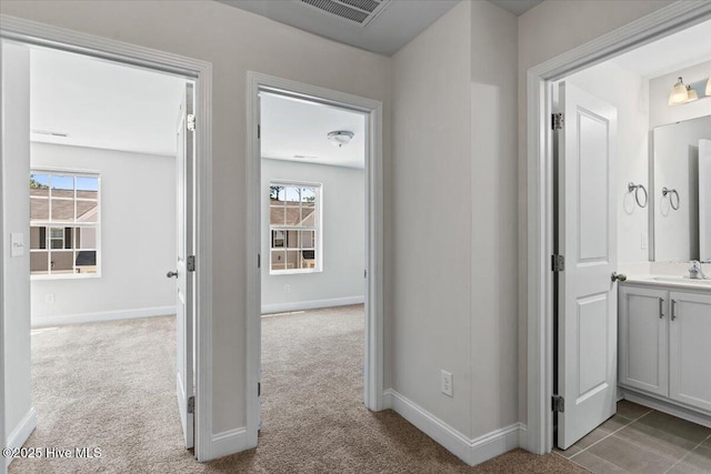354 Trevally Ct, Southport, NC 28461 - corridor featuring carpet flooring, a sink, healthy amount of natural light, and baseboards