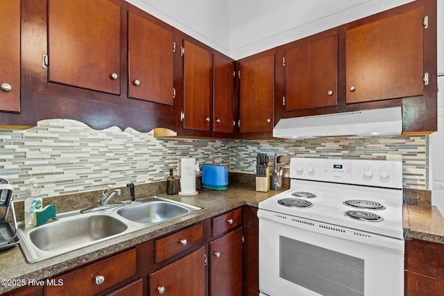 kitchen with a sink, tasteful backsplash, electric range, and under cabinet range hood