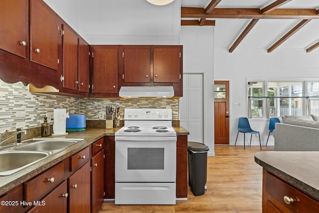 kitchen with beamed ceiling, a sink, under cabinet range hood, white electric range, and tasteful backsplash