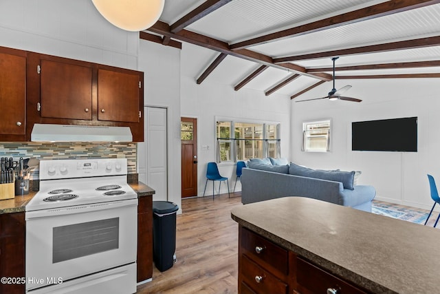 kitchen with white electric range oven, light wood-style flooring, ceiling fan, lofted ceiling with beams, and under cabinet range hood