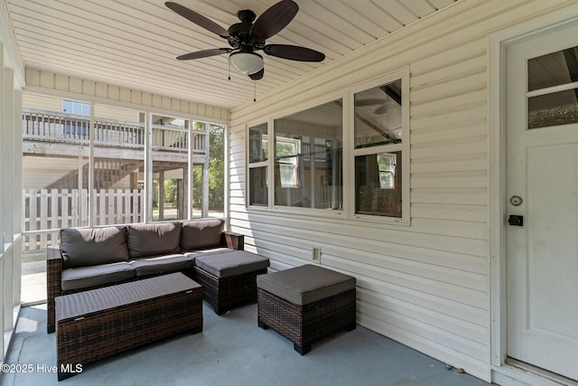 view of patio with ceiling fan and an outdoor hangout area